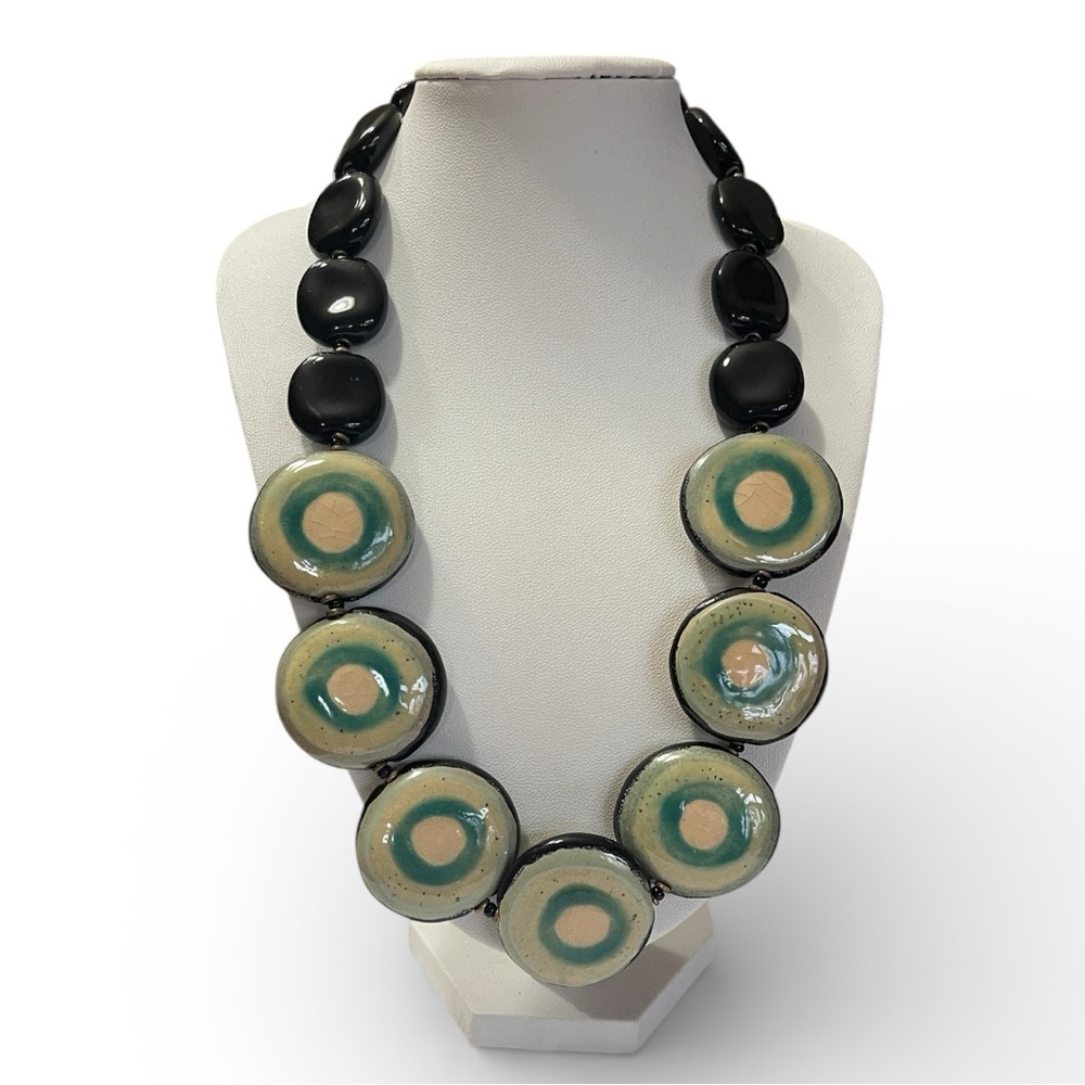 Black & Green Glazed Polymer Clay Disk Statement Necklace